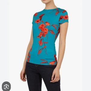 NWOT Ted Baker Womens Turquoise Dillia Floral Fitted Tee